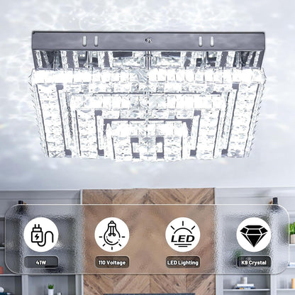 Cainjiazh 11.8 inch Crystal Chandelier LED Flush Mount Crystal Ceiling Light Modern Crystal Chandelier Square Ceiling Light for Bedroom Hallway Kitchen Office Without Remote Control