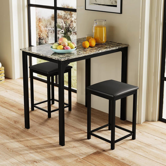 COSTWAY Small Dining Table for 2, Space Saving Dinette Set w/Counter Height Table & 2 Upholstered Bar Stools, Breakfast Nook Table Set, 3-Piece Kitchen Table Chairs Set for 2 for Dorm (Mixed Black)