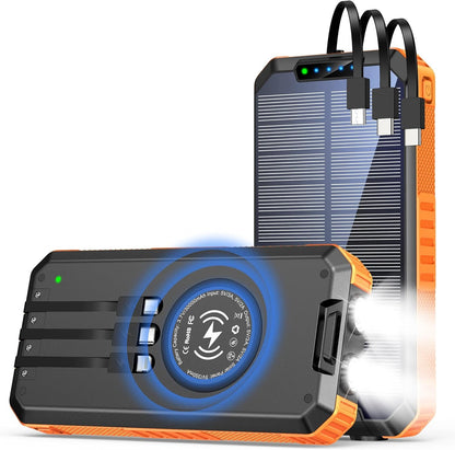 Solar Power Bank 30000mAh, Wireless Portable Solar Charger Fast Charging Power Bank, Solar Phone Charger with 3 Cables & LED Flashlights, Compatible with Smartphones, Tablets