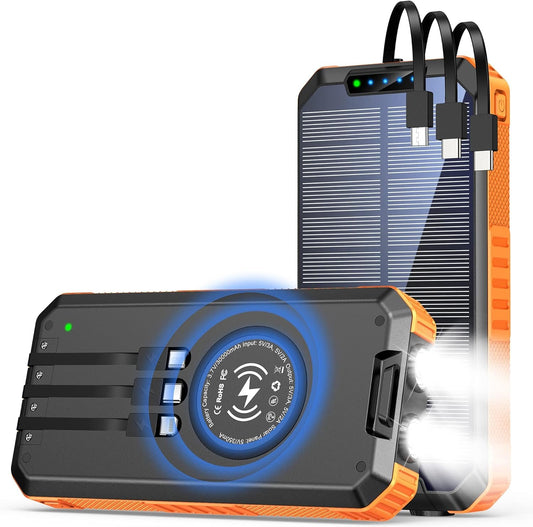 Solar Power Bank 30000mAh, Wireless Portable Solar Charger Fast Charging Power Bank, Solar Phone Charger with 3 Cables & LED Flashlights, Compatible with Smartphones, Tablets