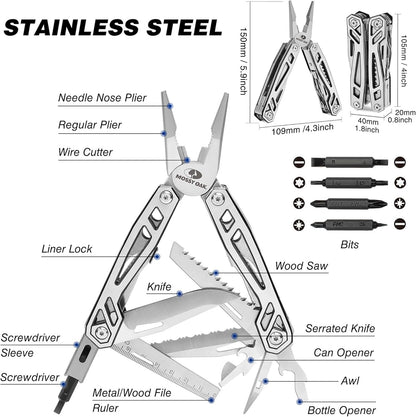 MOSSY OAK 21-in-1 Multitool, Premium Stainless Steel Multi Tool Pocket Knife, Screwdriver Sleeve with 4Pcs Alternative Bits, Safe-Locking, Multitool Plier for Outdoor and Repair with Nylon Pouch