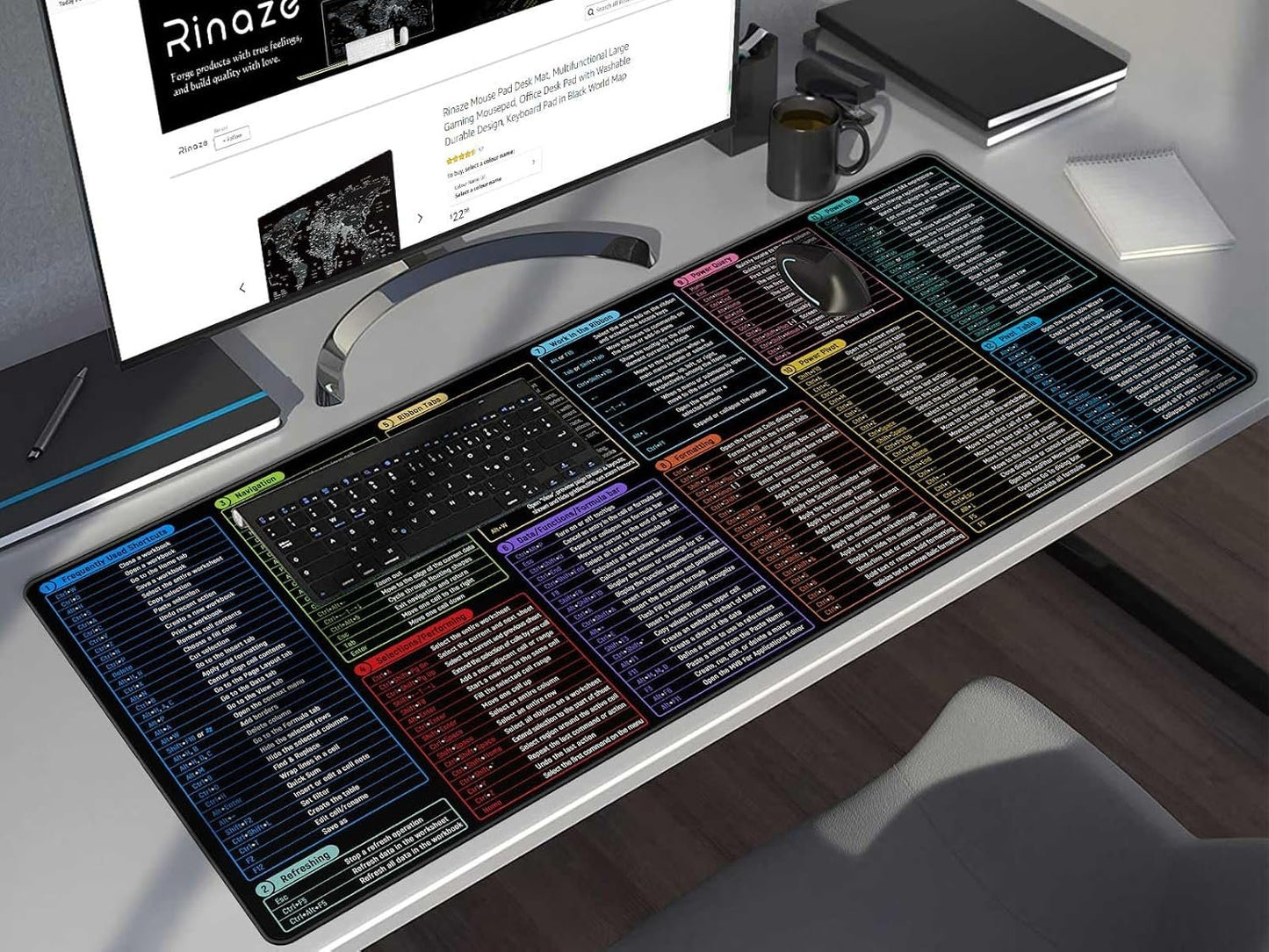 Rinaze Large Mouse Pad With Excel Shortcuts Cheat Sheet, XXL Gaming Mousepad Keyboard Pad, Office Desk Accessories for Computer, MacBook, PC and Laptop