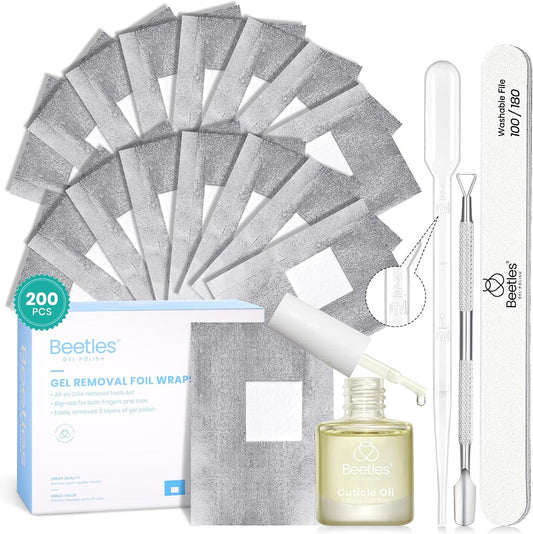 Beetles Gel Polish Remover Nail Foil Wraps 200Pcs, Nail Gel Removal Tool for Soak Off Gel Polish with Thicken Large Cotton Pad, Cuticle Oil & Cuticle Pusher, Droppers for Manicure Care