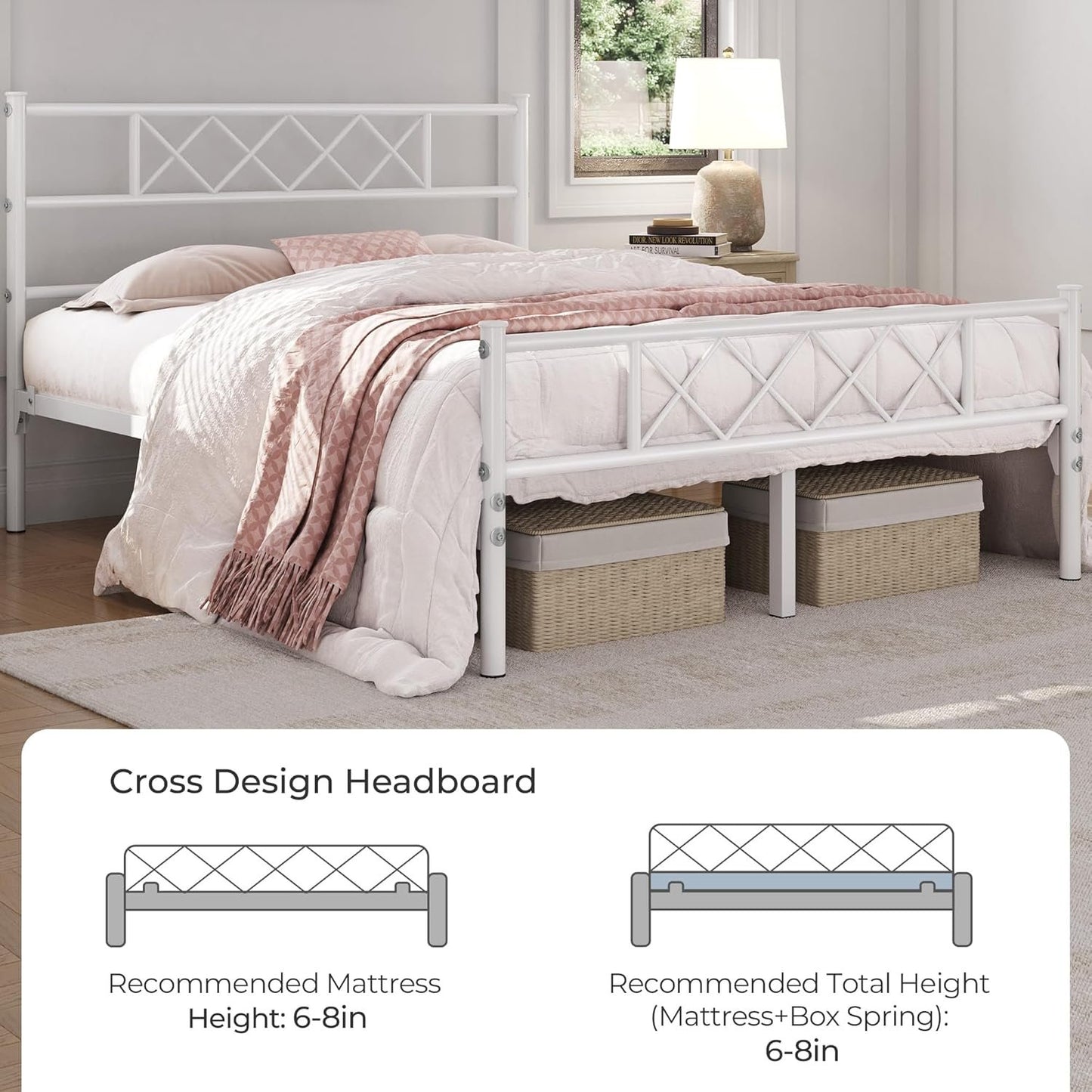 Yaheetech Metal Platform Bed Frame Mattress Foundation with Headboard and Footboard No Box Spring Needed Under Bed Storage Steel Slats White Full Size