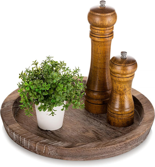 Hanobe Rustic Wooden Serving Tray: Round Wood Butler Decorative Tray Vintage Centerpiece Candle Holder Trays Farmhouse Ottoman Tray for Kitchen Countertop Home Decor for Coffee Table