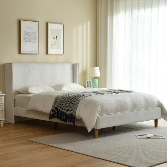 YUHUASHI Upholstered Bed Frame with Velvet Upholstered Headboard, No Springs, Easy to Assemble, Strong Wooden Slats, Non-Slip and No Noise (Cream, Queen (U.S. Standard))
