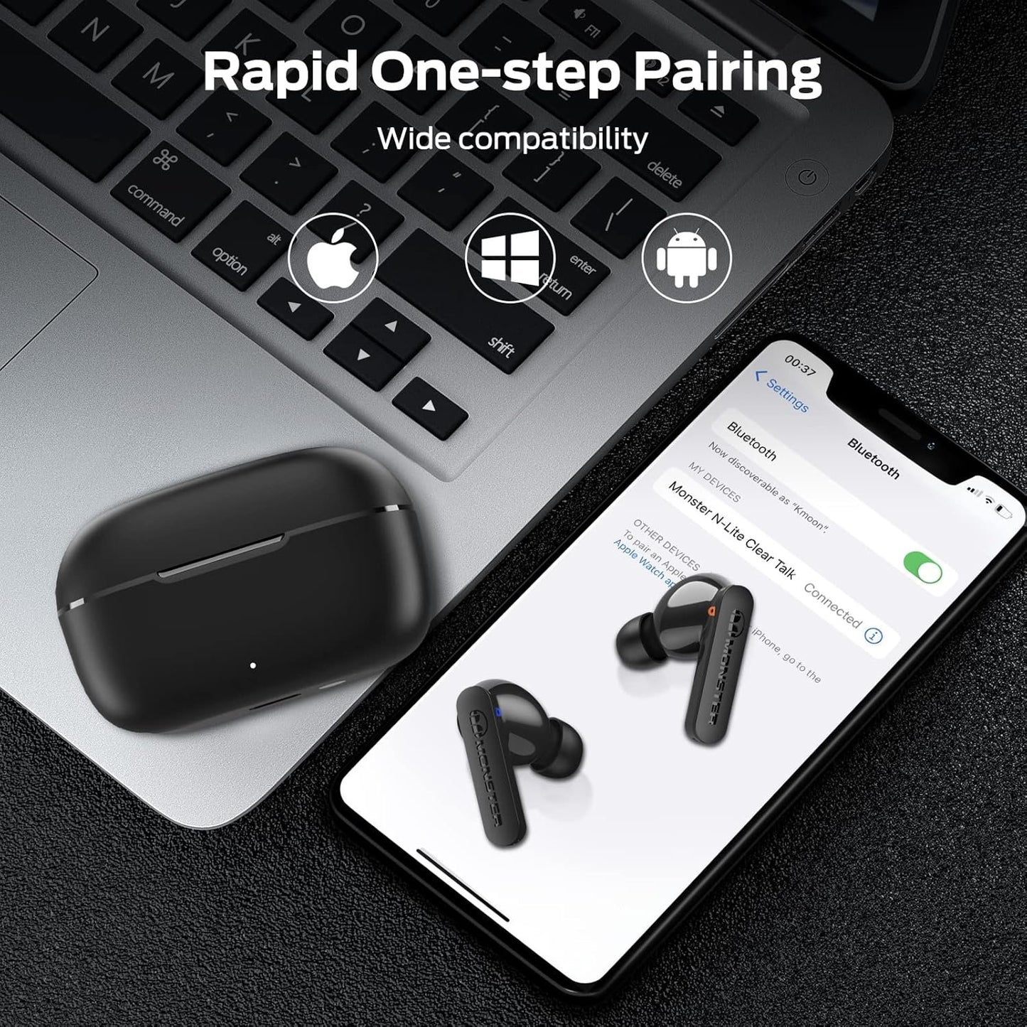 Monster N-Lite Clear Talk Wireless Earbuds Bluetooth 5.3 Headphones with CVC 8.0 Noise Reduction, IPX8 Waterproof, 60H Playtime, Fast Charging for Sport, Small, Ash Black