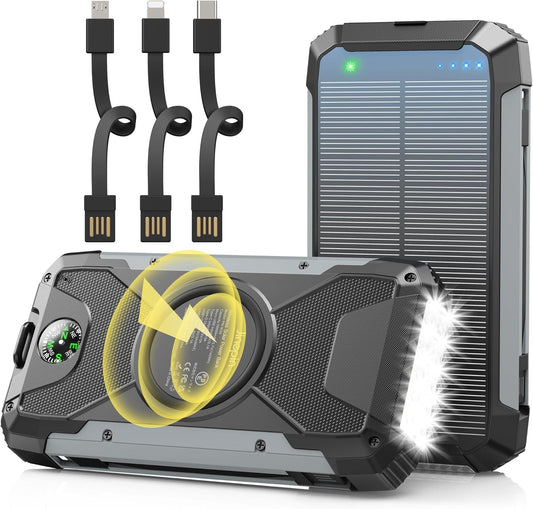 Solar Charger 38600mAh,Solar Power Bank Wireless Portable Charger Built in 3 Cables External Battery Pack Waterproof with 4 Outputs 2 Inputs USB C 15 W 5V/3A Battery Bank with Camping Light Compass