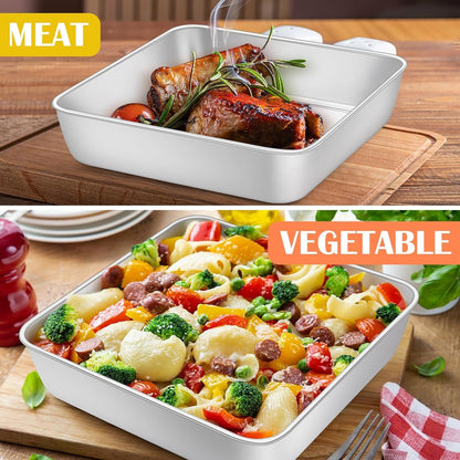 E-far 8x8 Inch Square Cake Pan, Stainless Steel Baking Pan for Lasagna Brownies Casseroles, Silver Square Bakeware for Oven Cooking, Non-Toxic & Rust Free, Dishwasher Safe, 2 Inch deep