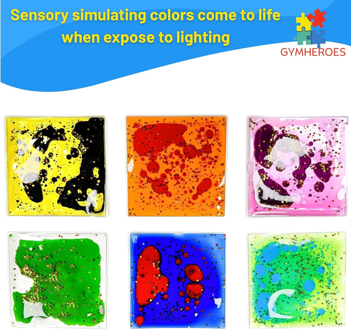 GYMHEROES Sensory Liquid Fidget Soft Gel Toys for Kids (Pack of 6), Anxiety Relief, Calming, Fine Motor Skills, Occupational Therapy Toys for Kids Ages 3+, Liquid Motion Sensory Play, Square Shape