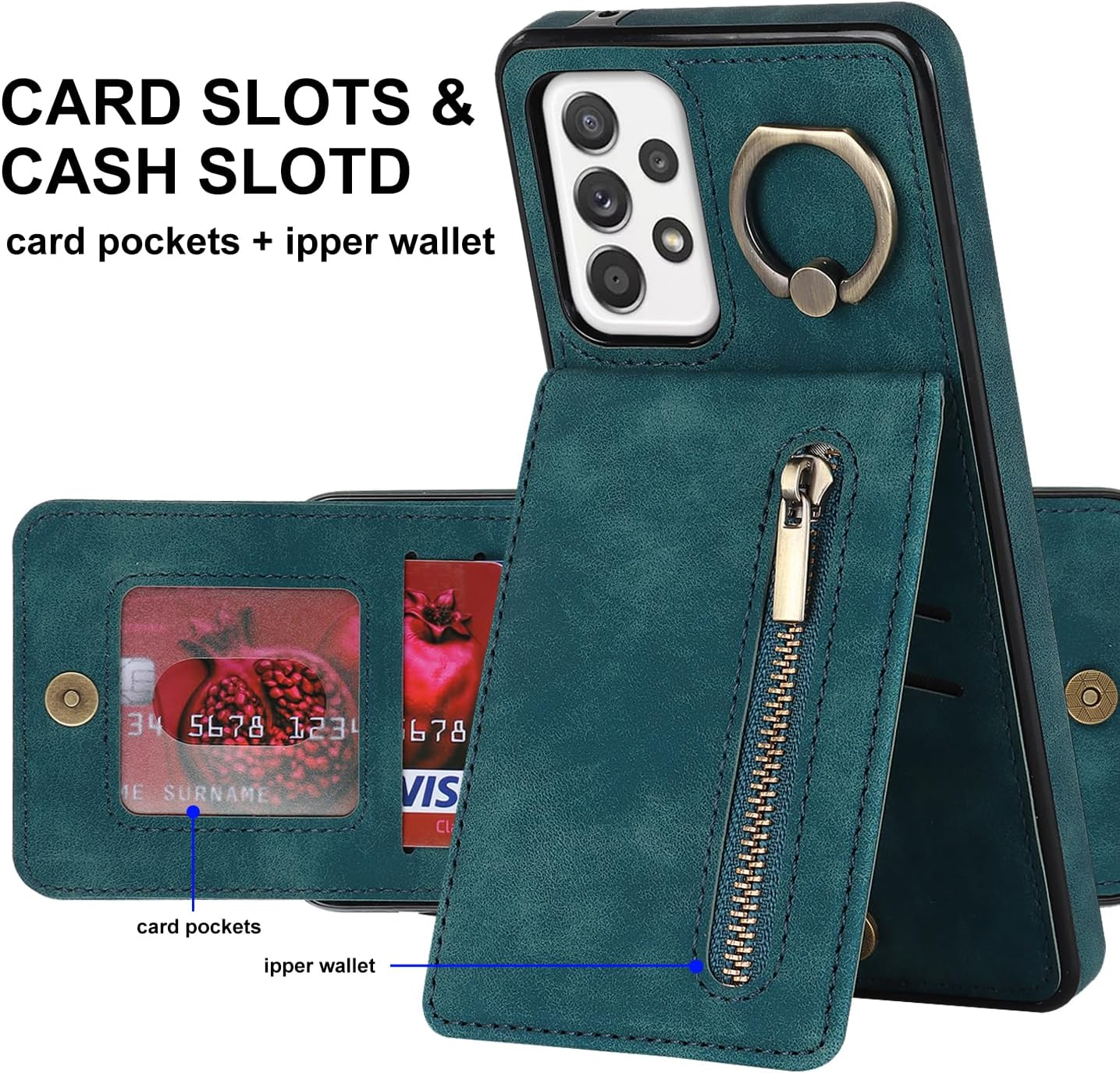 Asuwish Phone Case for Samsung Galaxy A52/A52S 5G Wallet Cover with Screen Protector and Cell Accessories Zipper RFID Card Holder Slot Ring Kickstand Flip A 52 S 4G G5 52A S52 52S SM Women Men Green