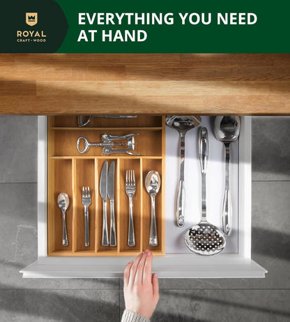 Bamboo Kitchen Drawer Organizer - Expandable Silverware Organizer/Utensil Holder and Cutlery Tray with Grooved Drawer Dividers for Flatware and Kitchen Utensils (Natural, 7 Slots)