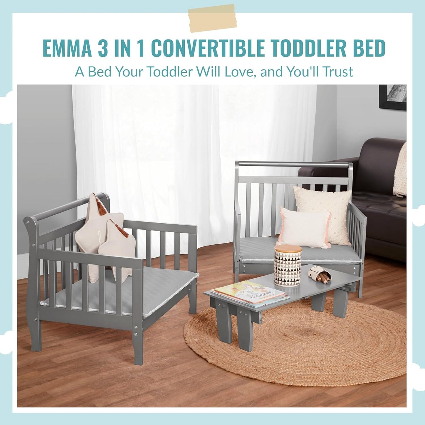 Dream On Me Emma 3-In-1 Convertible Toddler Bed In Storm Grey, Non-Toxic Finish, JPMA Certified, 4 Wooden Safety Rails, Made Of Durable New Zealand Pinewood