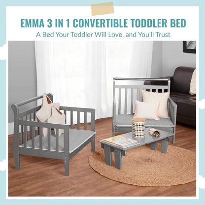 Dream On Me Emma 3-In-1 Convertible Toddler Bed In Storm Grey, Non-Toxic Finish, JPMA Certified, 4 Wooden Safety Rails, Made Of Durable New Zealand Pinewood