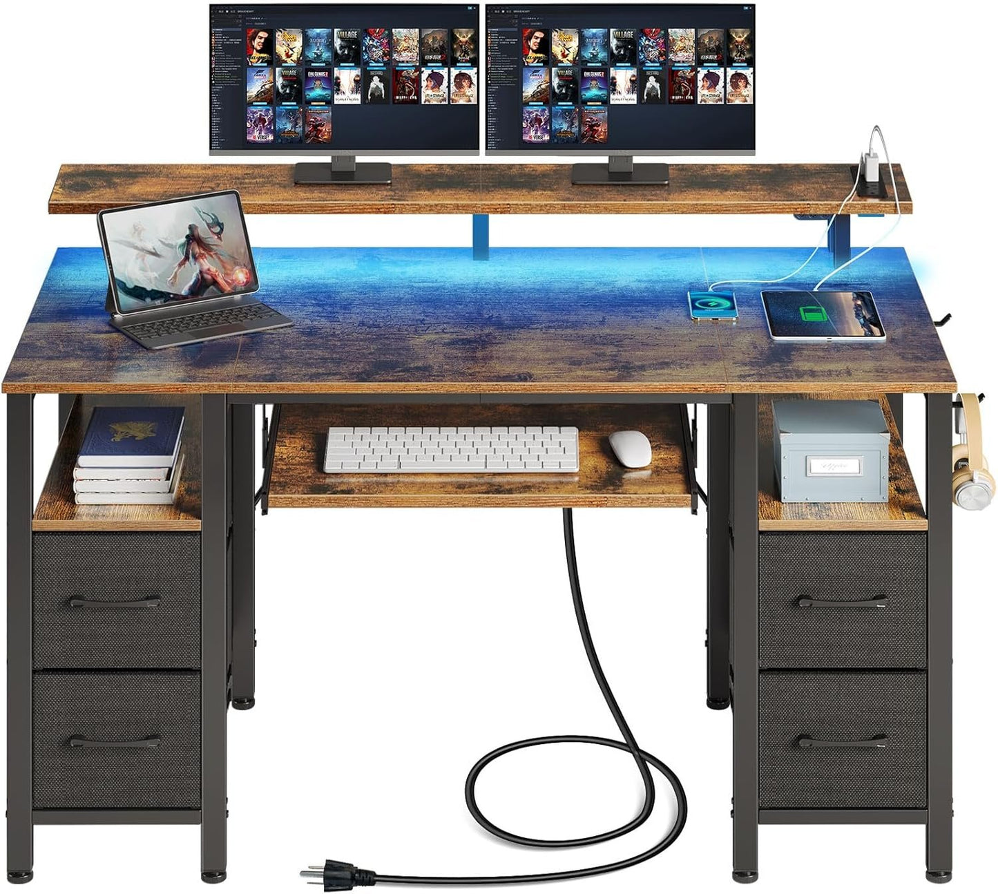 Seventable Computer Desk 55.1" with LED Lights & Power Outlets, Home Office Desk with 4 Drawers, Writing Desk with Keyboard Tray, Study Desk with Monitor Stand, Work Desk for Home Office, Rustic Brown