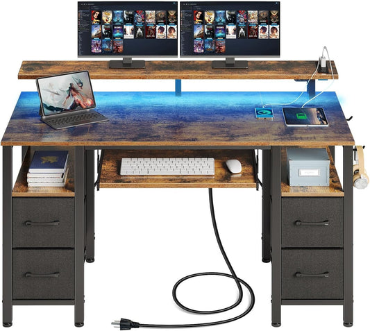 Seventable Computer Desk 55.1" with LED Lights & Power Outlets, Home Office Desk with 4 Drawers, Writing Desk with Keyboard Tray, Study Desk with Monitor Stand, Work Desk for Home Office, Rustic Brown