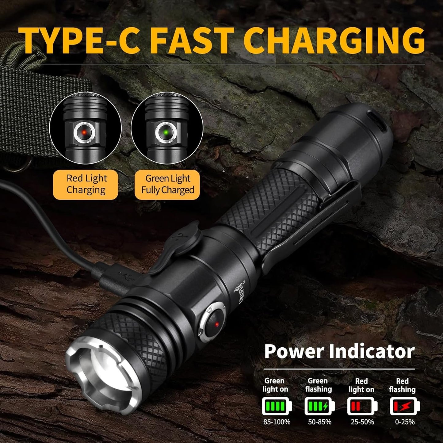 ULTRAFIRE Tactical Flashlight Torch with Holster, 1200 High Lumen Rechargeable LED Flashlight, Zoomable Small EDC Flashlight with Duty Belt Holder Pouch, 6 Modes Bright Flash Light, T4