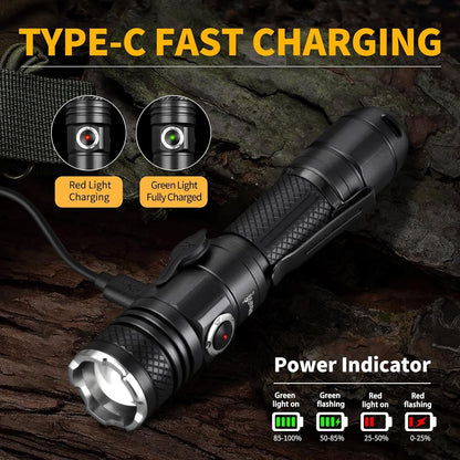 ULTRAFIRE Tactical Flashlight Torch with Holster, 1200 High Lumen Rechargeable LED Flashlight, Zoomable Small EDC Flashlight with Duty Belt Holder Pouch, 6 Modes Bright Flash Light, T4