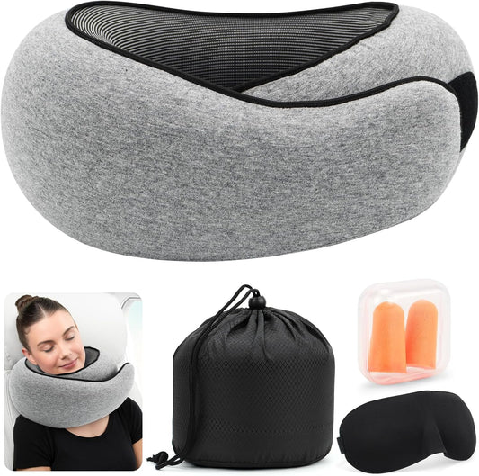 Travel Neck Pillow, Memory Foam Travel Pillow, 360 Degree Comfort and Breathability,Stowable U-Shaped Pillow,Portable Pillows for Airplane, Cars, Office (Light Grey)