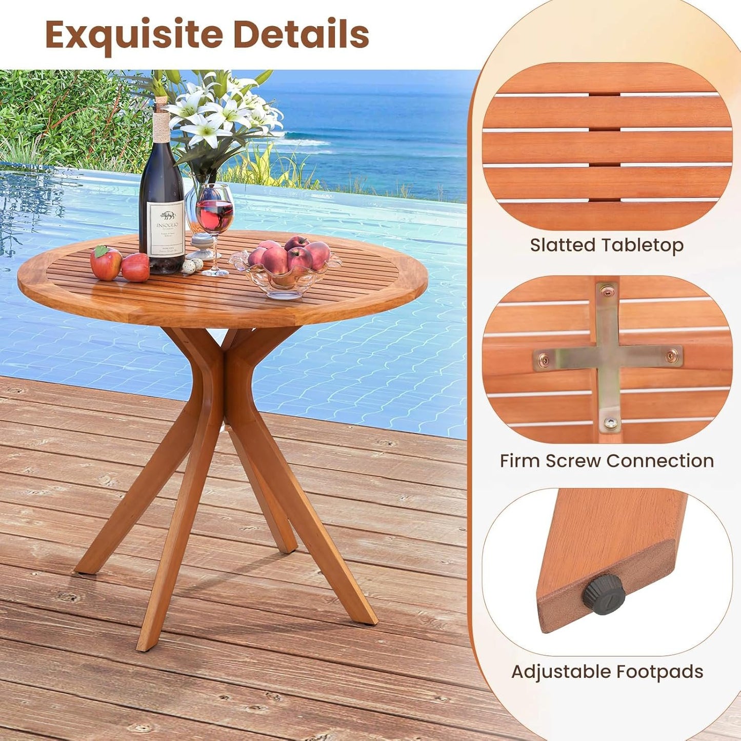 DORTALA Patio Wood Round Dining Table, 35.5" Eucalyptus Wood Table for 4-Person with Slatted Tabletop & Curved Legs for Backyard, Garden, Poolside