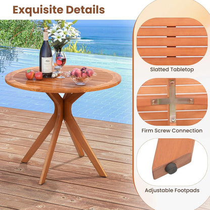 DORTALA Patio Wood Round Dining Table, 35.5" Eucalyptus Wood Table for 4-Person with Slatted Tabletop & Curved Legs for Backyard, Garden, Poolside