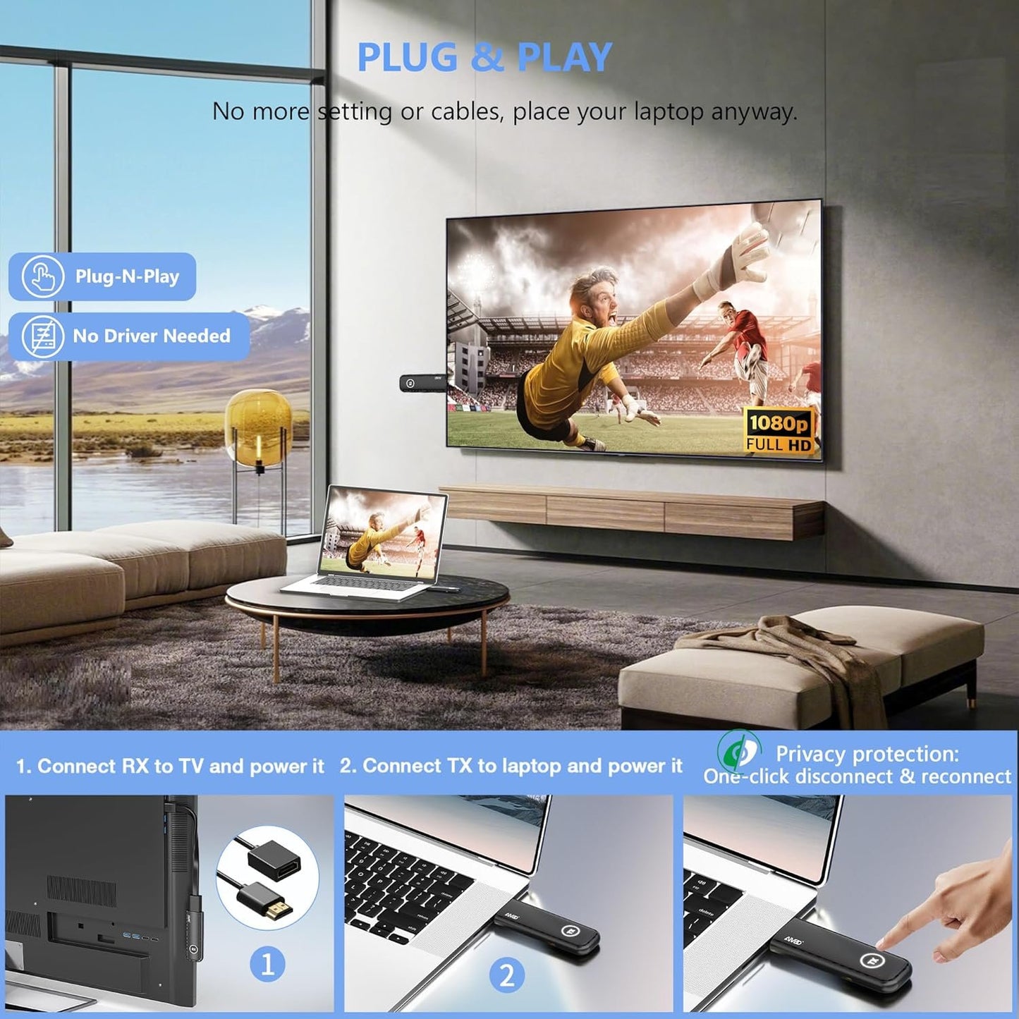 TIMBOOTECH Wireless HDMI Transmitter 4K - 5.8G Stable Streaming Video & Audio for Laptop, Camera, Cable Box, Netfix, One Click Switch, 1 RX Can Pair with 8TXs, Black