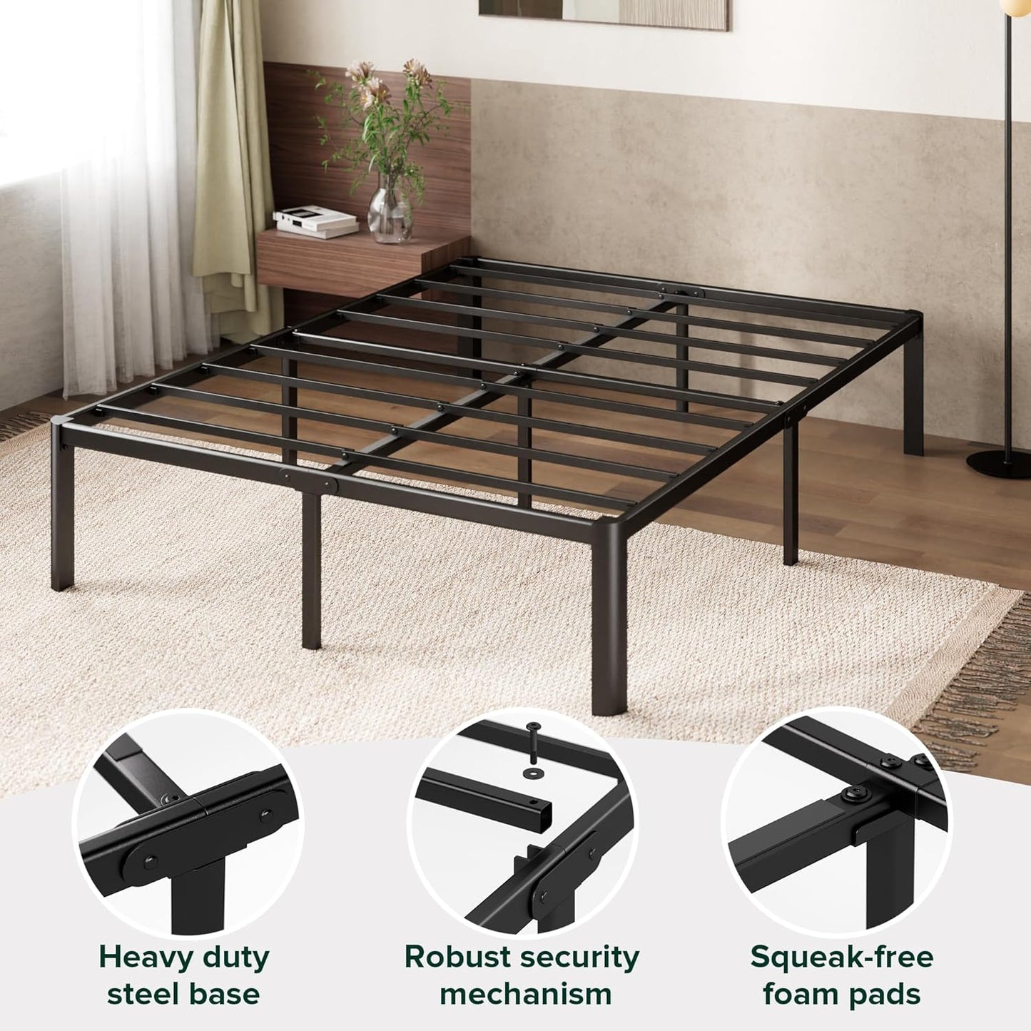 Zinus Van Double Bed Frame 40cm Metal Bed Base | Steel Slat Mattress Support | Bedroom Furniture, Black