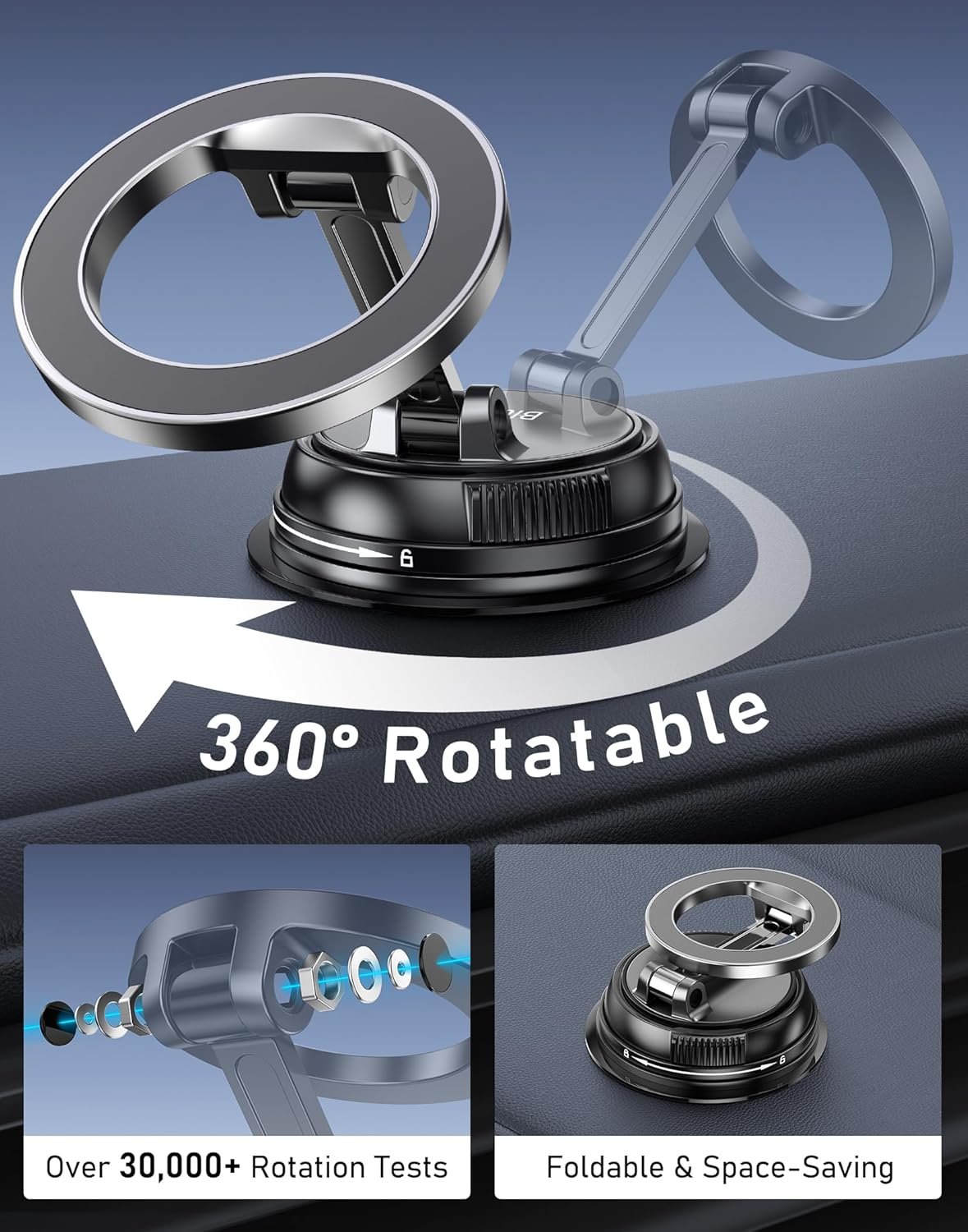 Blukar Phone Holder Car for MagSafe, [20xN52 Strong Magnets] Magnetic Car Phone Holder Mount - 360° Rotation, Upgraded Ultra Stable Suction Cup for iPhone 16/15/14 & Others with Metal Plate