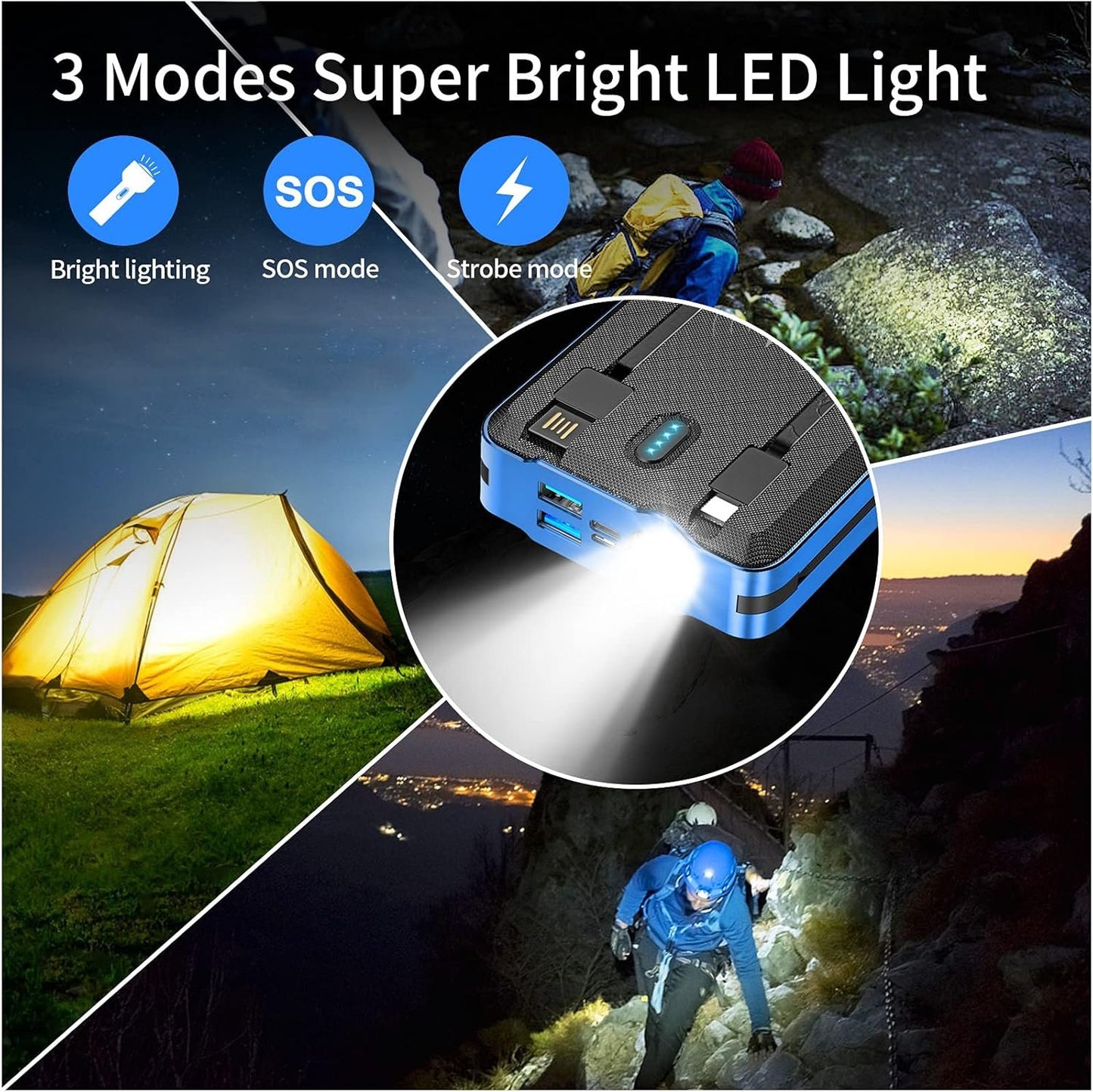 Solar Portable Power Bank Charge 6 Phones at The Same Time 30000mAh Solar Charger with 4 Wires and Wireless Charging Function LED Camping Lights External Battery Pack Outdoor Camping Equipment (Blue)