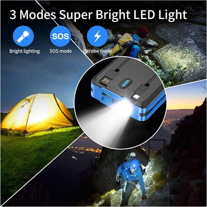 Solar Portable Power Bank Charge 6 Phones at The Same Time 30000mAh Solar Charger with 4 Wires and Wireless Charging Function LED Camping Lights External Battery Pack Outdoor Camping Equipment (Blue)