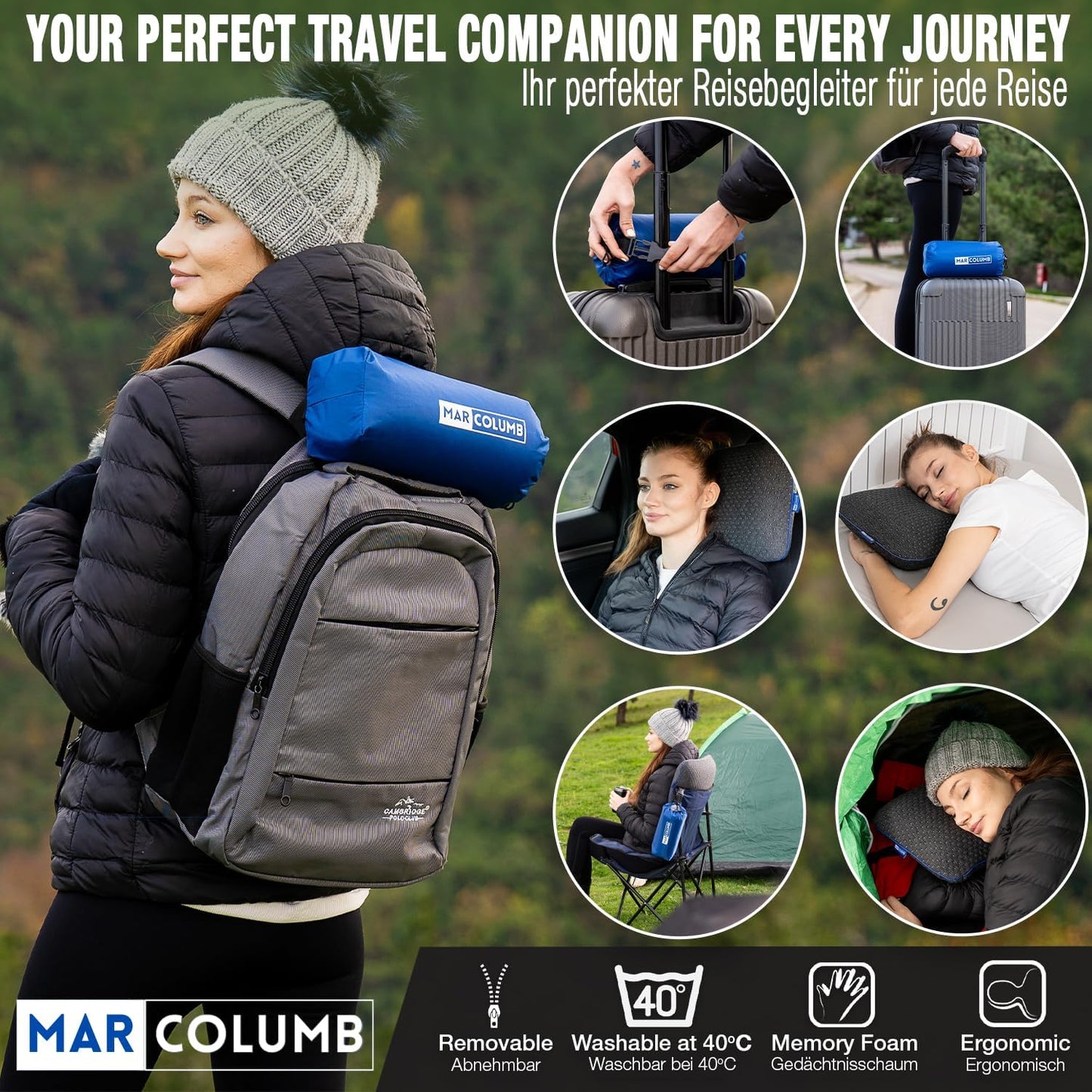 Marcolumb Travel Pillow - Ergonomic Camping Memory Foam Neck Support with Heat Regulating Cover - Waterproof Travel Bag Included (Black)