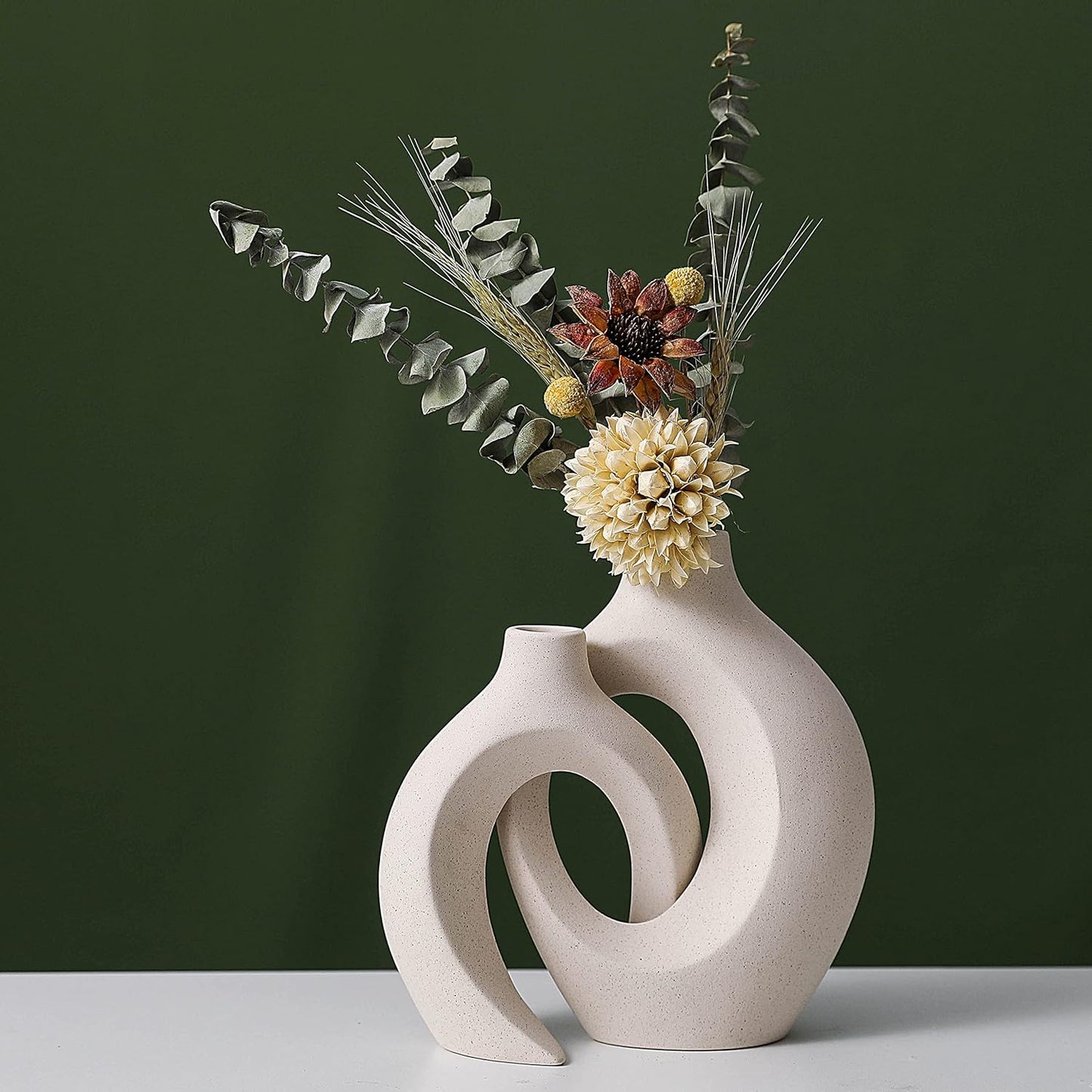 Ceramic Vase Set - 2 Flower Donut Modern Vases for Home Décor, Creative White Vases Minimalism Style Decor Vase Table Vase for Living Room Entryway Bookshelf Mantel Centerpieces Shelf