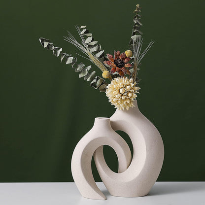 Ceramic Vase Set - 2 Flower Donut Modern Vases for Home Décor, Creative White Vases Minimalism Style Decor Vase Table Vase for Living Room Entryway Bookshelf Mantel Centerpieces Shelf