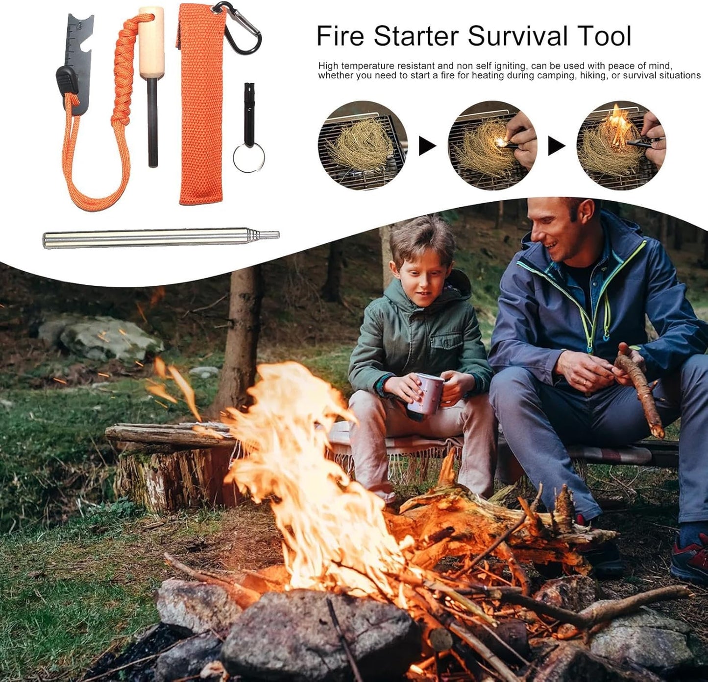 Hiking Tools Kit | Survival Whistle, Carabiner Clip, Fire Starter, Keychain Carabiner,Carabiner Clip, Portable Survival Whistle, Survival Tools for Camping, Outdoor, Backpack