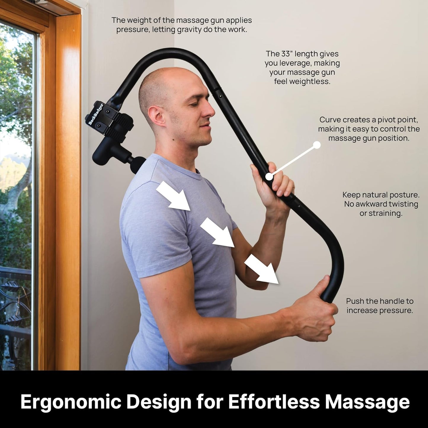 Ninefold Design BackBadger Percussive Massage Gun Holder for Back, Compatible with Most Massage Guns, for Hard to Reach Areas - Black