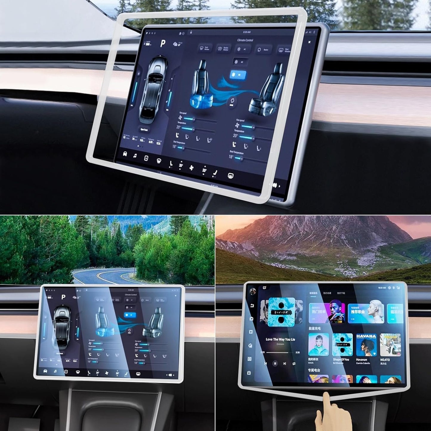 TSTESE 2PCS Protector Trim Frame Compatible with Tesla Model 3 Model Y (2019-2024 2025) Screen Edge Frame Rearview Mirror Cover Interior Silicone Decorations Center Console Decor Accessories (White)