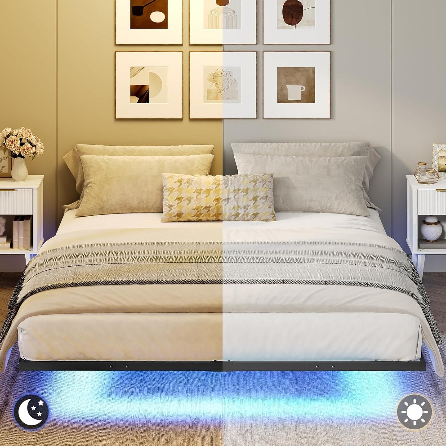 MAHANCRIS King Size Floating Bed Frame, Metal Platform Bed with Power Strip and LED Strip, Metal Bed Frame with Storage Box, Soundless, No Box Springs Needed, Black