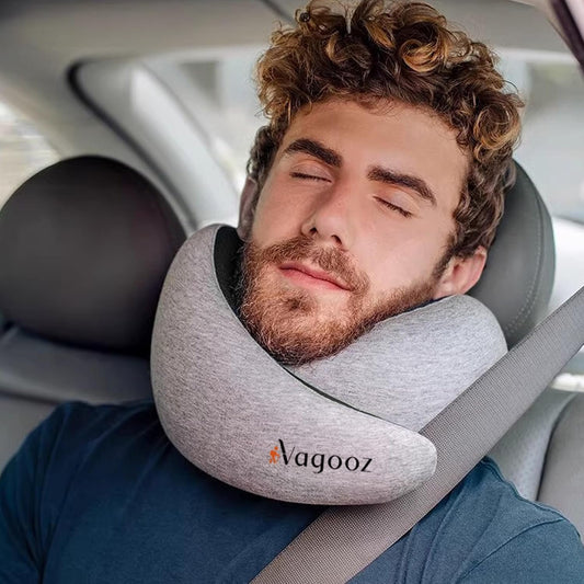 Vagooz Memory Foam Travel Neck Pillow Set, Portable Plane Pillow with Eye Mask and Foam Earplugs, Travel Accessories for Stress-Free Sleep & Relaxation