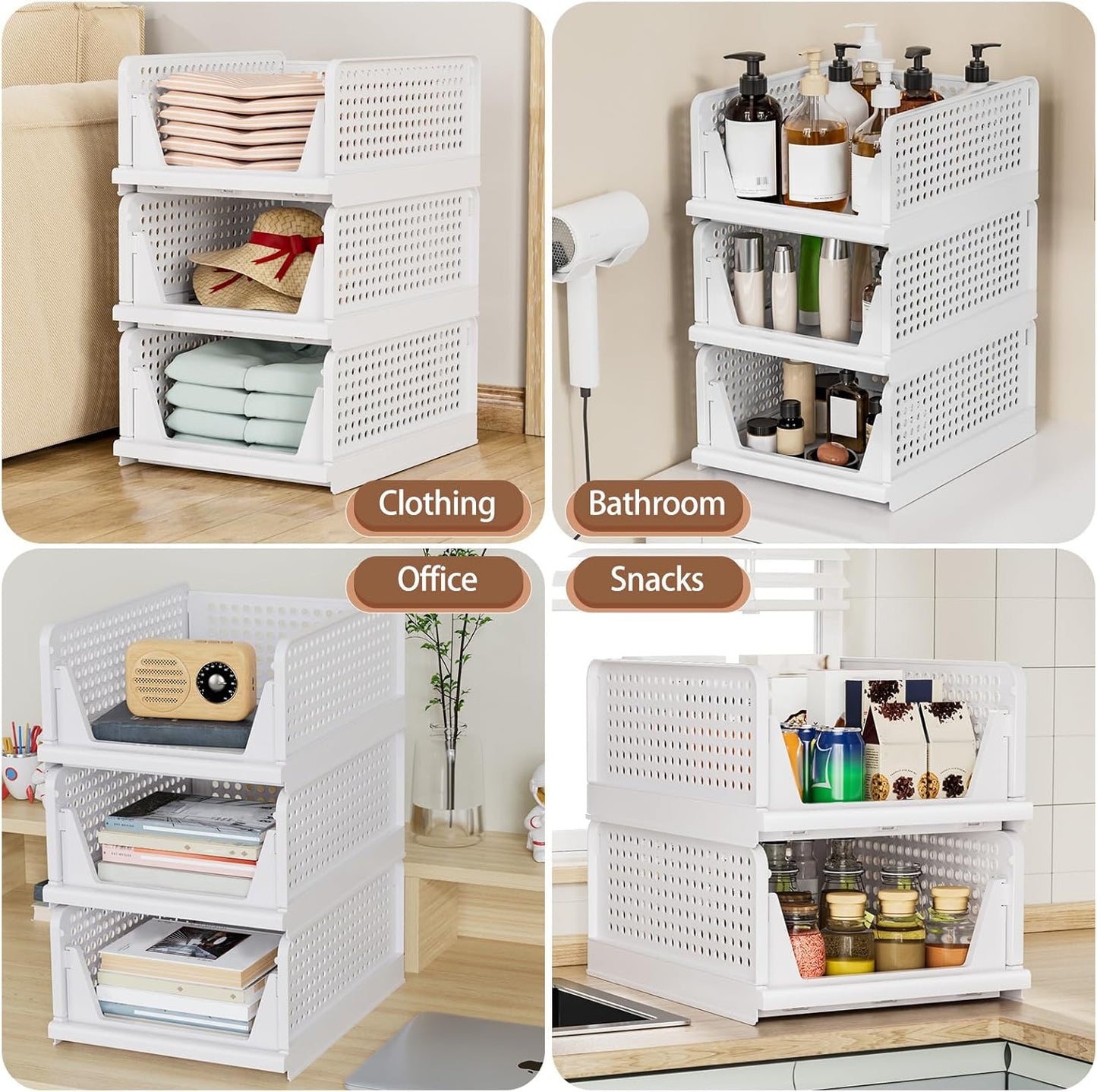 TidyIsles Wardrobe Storage Organiser - 4 Pack Folding Closet Organisers, Stackable Storage Boxes, Plastic Drawer Organiser Basket for Bedroom Kitchen Bathroom White