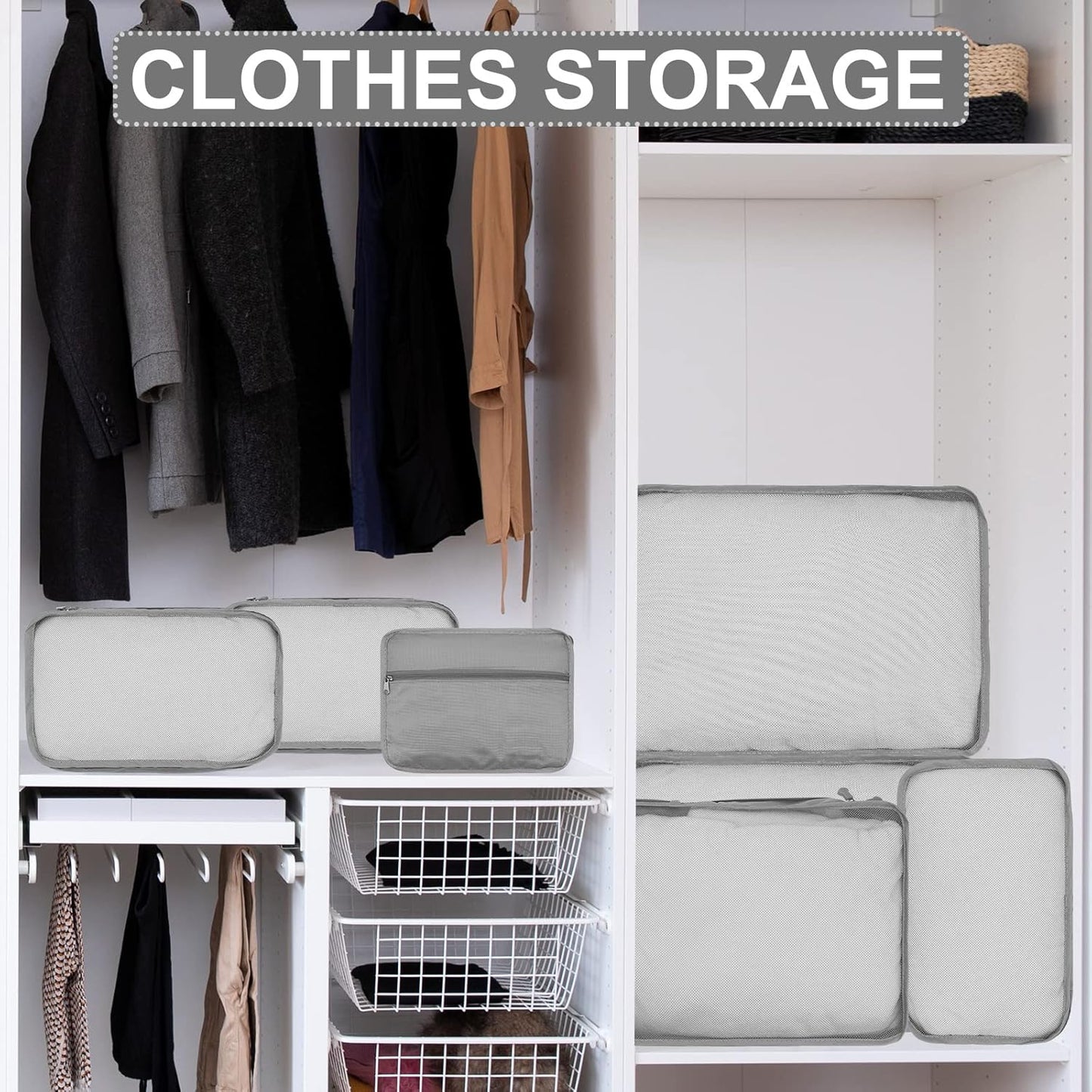 ShawFly Suitcase Organizer Packing Cubes, 7 Pieces Travel Cubes for Suitcase Lightweight Luggage Packing Organizer Essential Travel Bags for Travel Accessories (Grey)