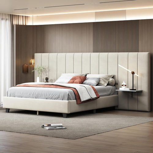 Moimhear Upholstered Bed, 160 x 200 cm, Double Bed with Extended Headboard and Backrest, Shelves on Both Sides of Headboard, Boys Velour Bed (Beige)