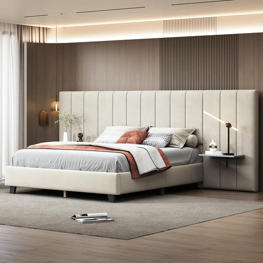 Moimhear Upholstered Bed, 160 x 200 cm, Double Bed with Extended Headboard and Backrest, Shelves on Both Sides of Headboard, Boys Velour Bed (Beige)