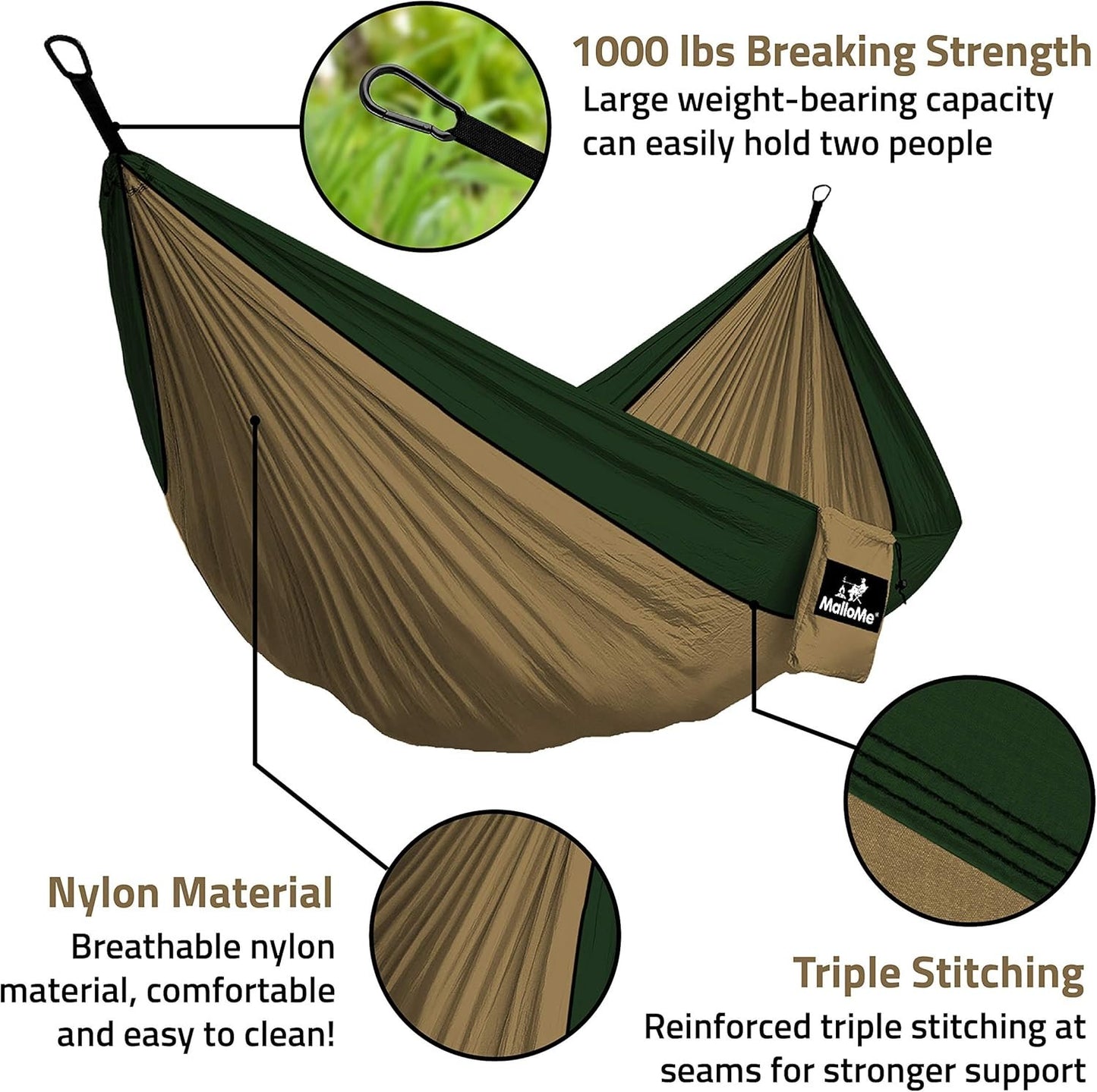 MalloMe Camping Hammock with Straps - Portable Outdoor Hammock for Adults, Kids - Double Hamac - 2 Person Hammocks - Tree Hamac Swing with Accessories - Hamock Tent for Travel - Hammocks for Outside
