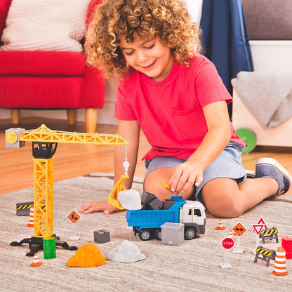 Driven by Battat Playset for Kids Dump Truck & Accessories - Pretend Toy, Signs, Beams, & More - 3 Years - Construction Crane Play Set (62pc), Multicoloured, Standard, WH1273Z