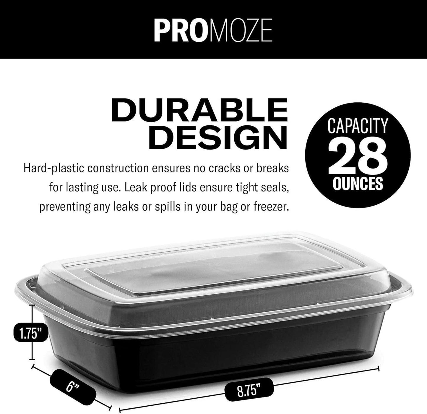 50-Pack Meal Prep Plastic Microwavable Food Containers for Meal Prepping with Lids 28 oz. 1 Compartment Black Rectangular Reusable Storage Lunch Boxes -BPA-Free Food Grade -Freezer & Dishwasher Safe