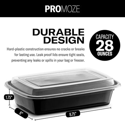 50-Pack Meal Prep Plastic Microwavable Food Containers for Meal Prepping with Lids 28 oz. 1 Compartment Black Rectangular Reusable Storage Lunch Boxes -BPA-Free Food Grade -Freezer & Dishwasher Safe