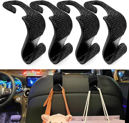 OSIFIT 4PCS Car Seat Hooks, Bling Car Rhinestone Headrest Hooks, Universal Bling Car Interior Accessories, for Handbag, Clothes, Purse, Water Bottle (Black)