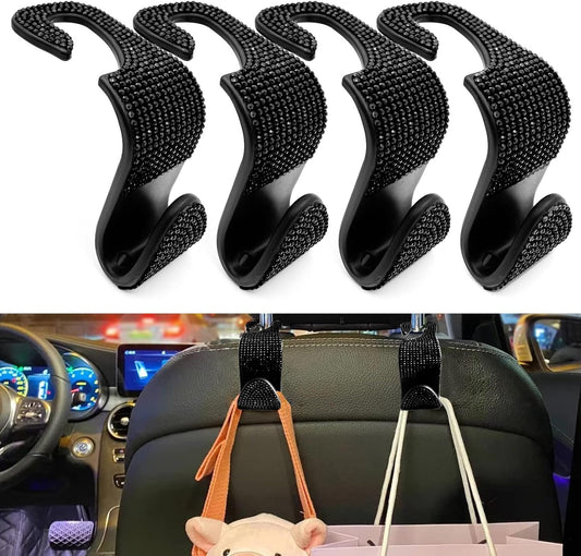 OSIFIT 4PCS Car Seat Hooks, Bling Car Rhinestone Headrest Hooks, Universal Bling Car Interior Accessories, for Handbag, Clothes, Purse, Water Bottle (Black)