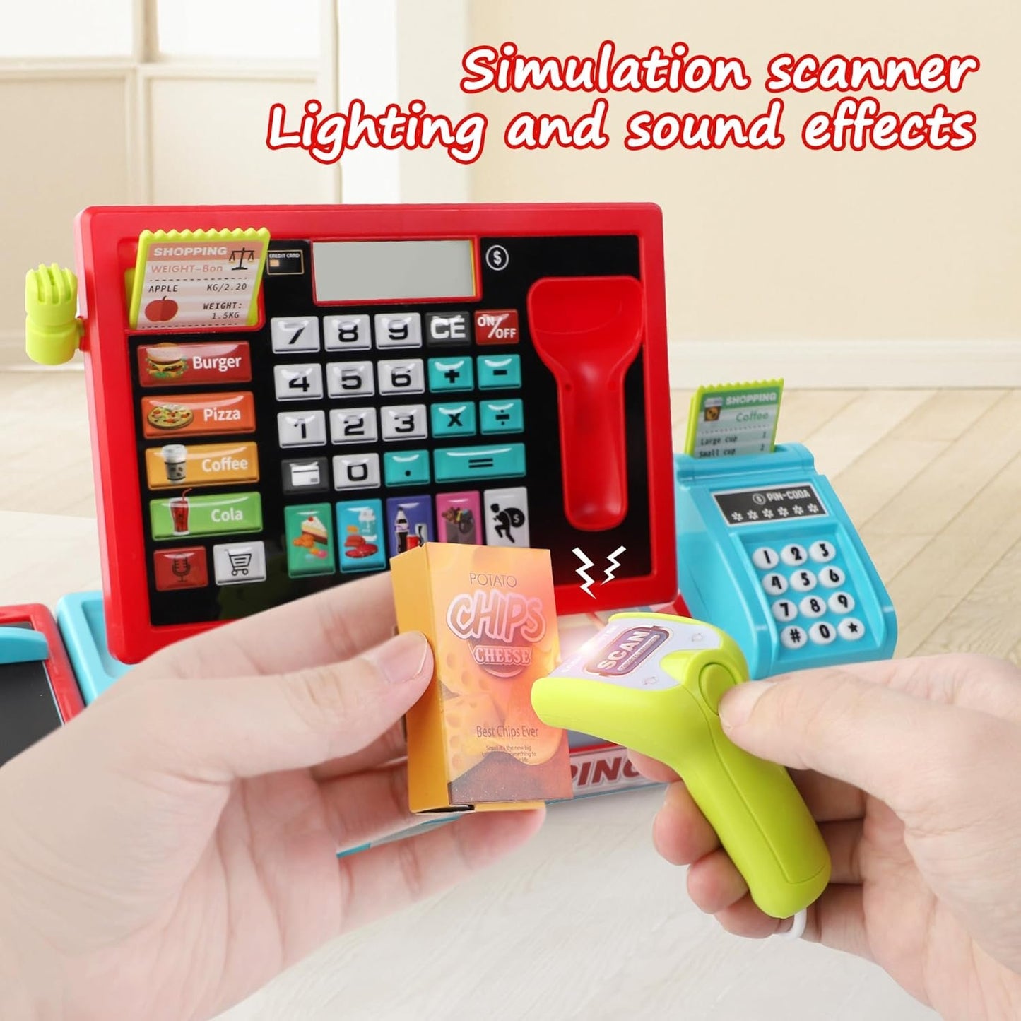 PanKome Cash Register Toys for Kids - Interactive Pretend Play Grocery Store Set with Calculator, Scanner, Food, Microphone, Educational Learning Toy for Toddler Boys and Girls 3 4 5 6 7 8 Year Old