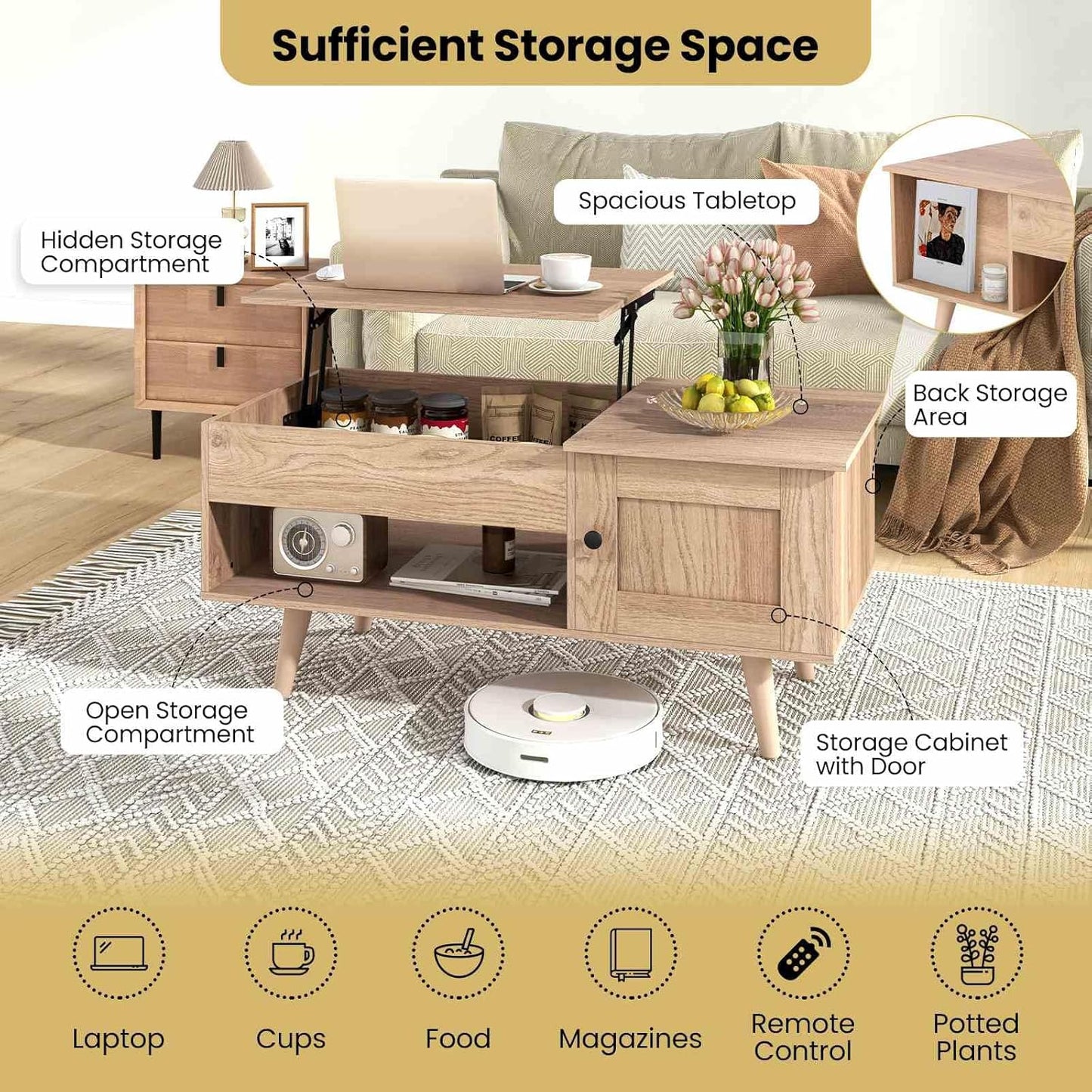 Costway Lift-Top Coffee Table, Flip Top Center Table, Small Coffee Table with Hidden Storage & Open Shelf, Convertible Office Table, Lift Tabletop Dining Table for Living Room (Natural)